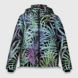 Куртка зимняя мужская Разноцветные Листья Пальм В Ночных Джунглях, цвет: 3D-черный