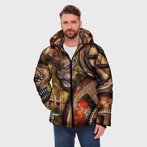 Мужская зимняя куртка Механистическая композиция из шестерёнок и цепей С / 3D-Светло-серый – фото 3