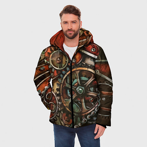 Мужская зимняя куртка Механистическая композиция с шестерёнками и цепью / 3D-Светло-серый – фото 3