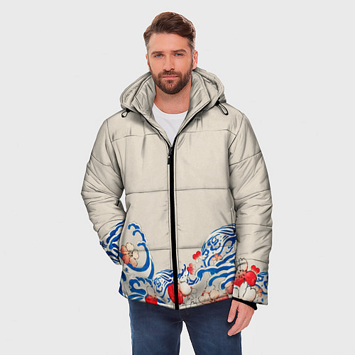 Мужская зимняя куртка Японский орнамент волн / 3D-Красный – фото 3