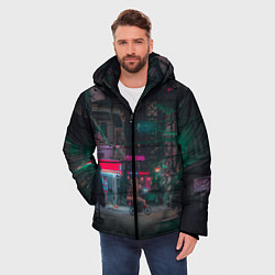 Куртка зимняя мужская Неоновый мрачный город - Тёмно-зелёный, цвет: 3D-светло-серый — фото 2