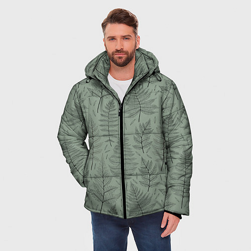 Мужская зимняя куртка Листья папоротника на зеленом фоне Минимализм / 3D-Черный – фото 3
