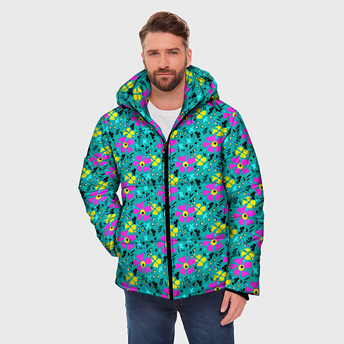 Мужская зимняя куртка Яркий цветочный узор на бирюзовом фоне / 3D-Красный – фото 3