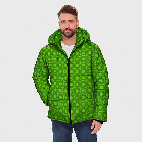 Мужская зимняя куртка Зеленые круги и ромбы / 3D-Красный – фото 3