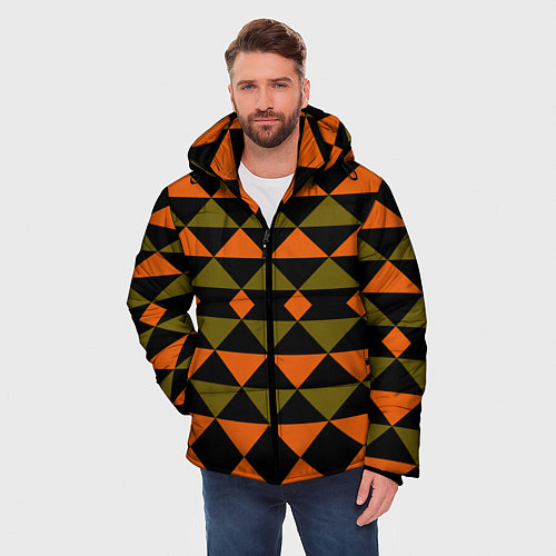 Мужская зимняя куртка Геометрический узор черно-оранжевые фигуры / 3D-Светло-серый – фото 3