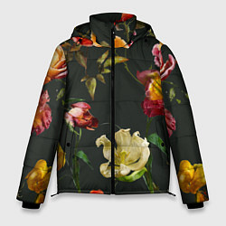 Куртка зимняя мужская Цветы Нарисованные Красные Розы и Лилии На Коричне, цвет: 3D-красный