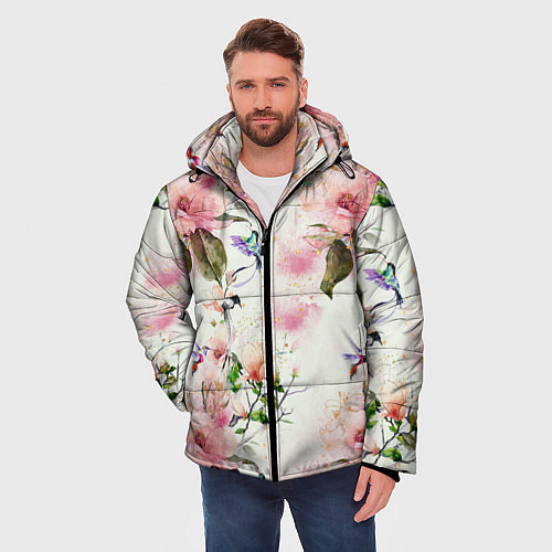 Мужская зимняя куртка Цветы Нарисованные Магнолии и Разноцветные Птицы / 3D-Светло-серый – фото 3