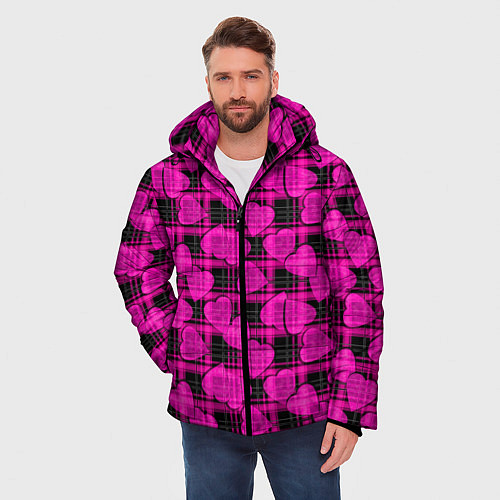 Мужская зимняя куртка Black and pink hearts pattern on checkered / 3D-Красный – фото 3