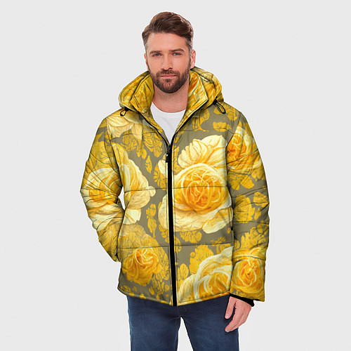 Мужская зимняя куртка Яркие желтые бутоны / 3D-Светло-серый – фото 3