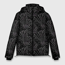 Куртка зимняя мужская Белые контуры тропических листьев на черном, цвет: 3D-светло-серый