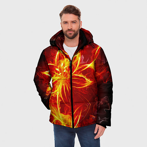 Мужская зимняя куртка Цветок из огня на чёрном фоне / 3D-Светло-серый – фото 3