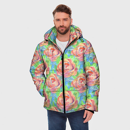 Мужская зимняя куртка Алые розы акварель / 3D-Светло-серый – фото 3