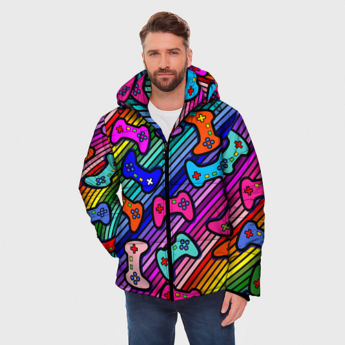 Мужская зимняя куртка Многоцветные полоски с джойстиками / 3D-Красный – фото 3