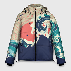 Куртка зимняя мужская Большая океанская волна и силуэт пустынного остров, цвет: 3D-светло-серый
