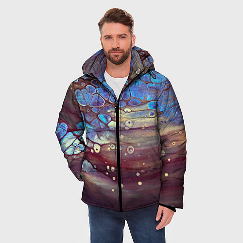 Мужская зимняя куртка Тёмный песок и синие блестящие камни / 3D-Красный – фото 3