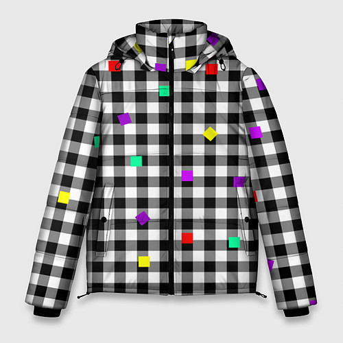 Мужская зимняя куртка Черно-белая клетка с цветными квадратами / 3D-Светло-серый – фото 1