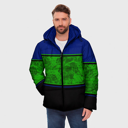 Мужская зимняя куртка Синие, неоновые зеленые мраморные и черные полосы / 3D-Светло-серый – фото 3