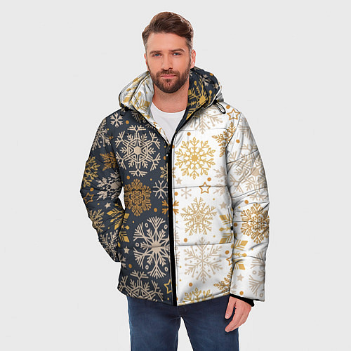 Мужская зимняя куртка Рождественские милые золотые снежинки / 3D-Светло-серый – фото 3