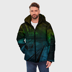 Куртка зимняя мужская Черный абстрактный узор на сине-зеленом фоне, цвет: 3D-светло-серый — фото 2