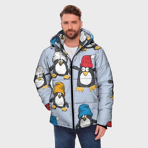 Мужская зимняя куртка Смешные пингвины / 3D-Красный – фото 3