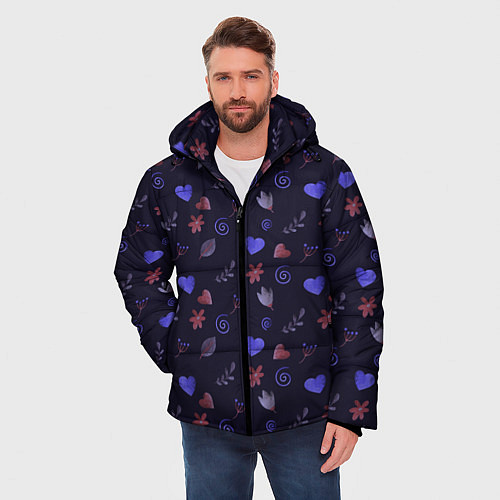 Мужская зимняя куртка Паттерн с сердечками и цветами / 3D-Красный – фото 3