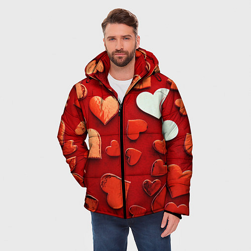 Мужская зимняя куртка Красные сердца на красном фоне / 3D-Красный – фото 3
