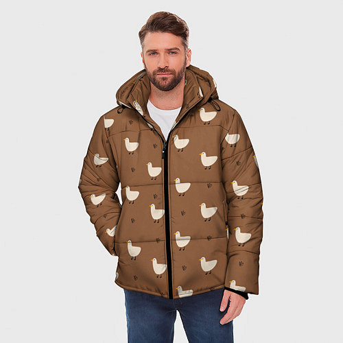 Мужская зимняя куртка Гуси и травка - паттерн коричневый / 3D-Светло-серый – фото 3