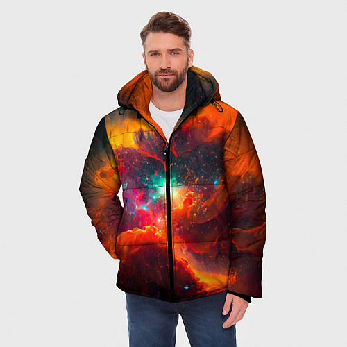 Мужская зимняя куртка Небула в космосе в оранжевых тонах - нейронная сет / 3D-Красный – фото 3