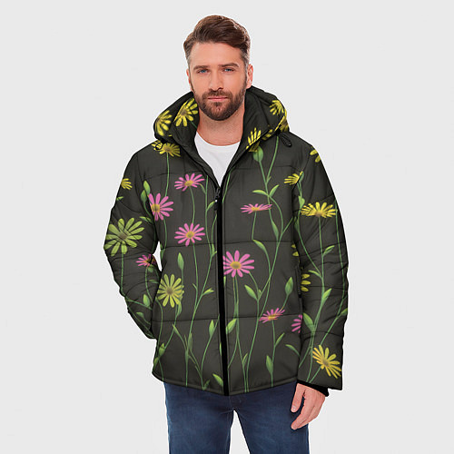 Мужская зимняя куртка Полевые цветочки на темном фоне / 3D-Красный – фото 3