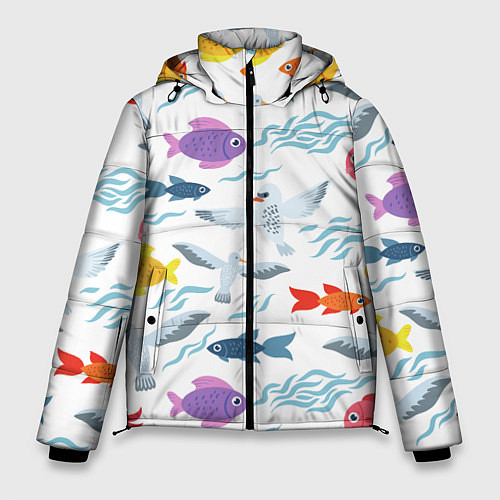 Мужская зимняя куртка Рыбы и чайки / 3D-Светло-серый – фото 1