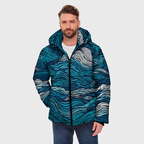 Мужская зимняя куртка Синие волны абстракт / 3D-Красный – фото 3