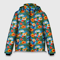 Куртка зимняя мужская Яркие цветы на голубом фоне, цвет: 3D-красный