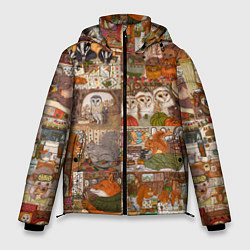 Куртка зимняя мужская Коллаж из сказочных зверей - совы, белки, ёжики, цвет: 3D-черный