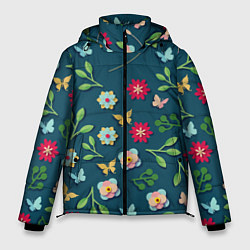 Куртка зимняя мужская Цветы и разноцветные бабочки, цвет: 3D-красный
