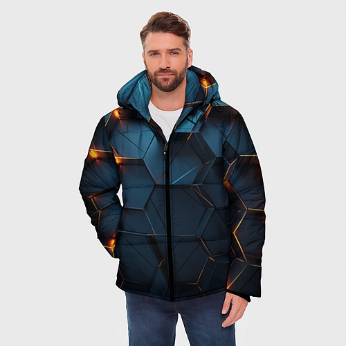 Мужская зимняя куртка Синие объемные плиты с оранжевыми вставками / 3D-Красный – фото 3