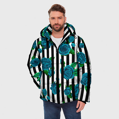Мужская зимняя куртка Полосы и бирюзовые розы / 3D-Светло-серый – фото 3