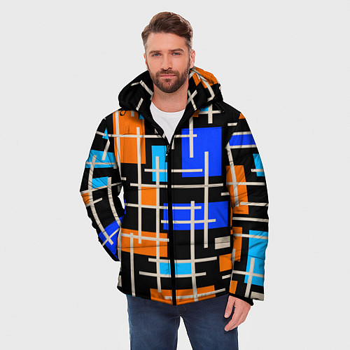 Мужская зимняя куртка Разноцветная прямоугольная абстракция / 3D-Красный – фото 3