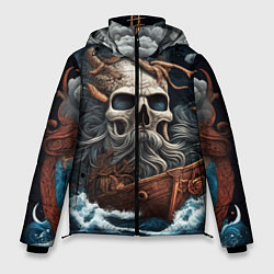 Куртка зимняя мужская Тату ирезуми черепа пирата на корабле в шторм, цвет: 3D-черный