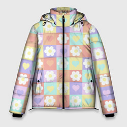 Куртка зимняя мужская Сердечки и цветочки в пастельных квадратах, цвет: 3D-черный