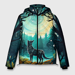 Куртка зимняя мужская Волк в ночном лесу фолк-арт, цвет: 3D-светло-серый
