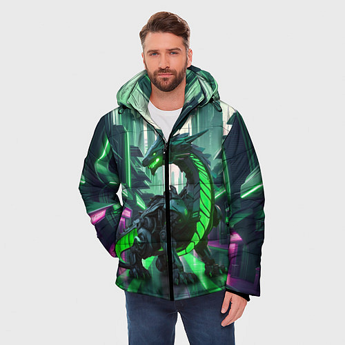 Мужская зимняя куртка Неоновый зеленый дракон / 3D-Светло-серый – фото 3