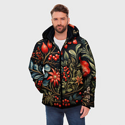 Куртка зимняя мужская Новогодние ягоды и цветы, цвет: 3D-черный — фото 2