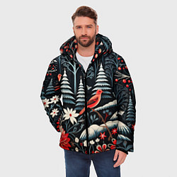 Куртка зимняя мужская Новогодний лес и птицы, цвет: 3D-красный — фото 2