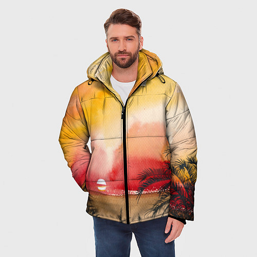 Мужская зимняя куртка Тропический закат акварель / 3D-Красный – фото 3
