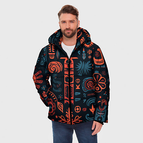 Мужская зимняя куртка Абстрактный паттерн в славянской стилистике / 3D-Красный – фото 3