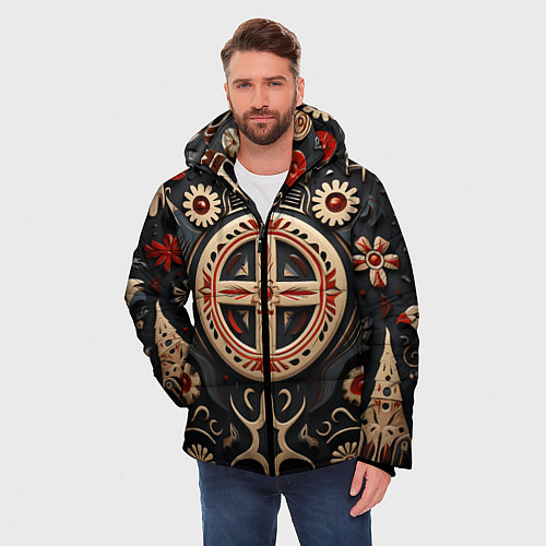 Мужская зимняя куртка Орнамент в славянской стилистике / 3D-Красный – фото 3