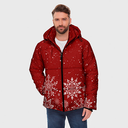 Мужская зимняя куртка Текстура снежинок на красном фоне / 3D-Красный – фото 3