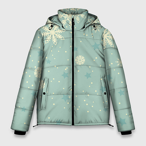 Мужская зимняя куртка Снежинки и звезды на матно зеленем / 3D-Светло-серый – фото 1