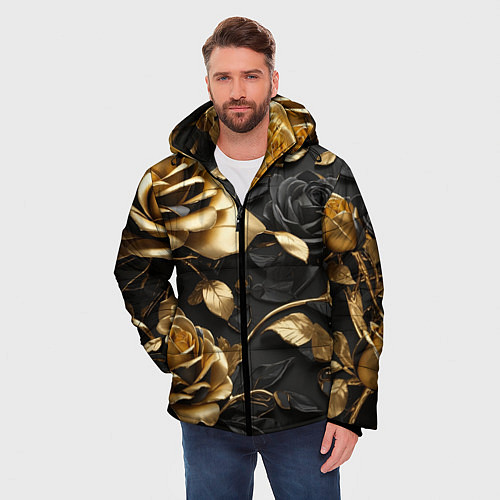 Мужская зимняя куртка Металлические розы золотые и черные / 3D-Красный – фото 3