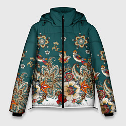 Куртка зимняя мужская Индийский орнамент с птицами, цвет: 3D-черный